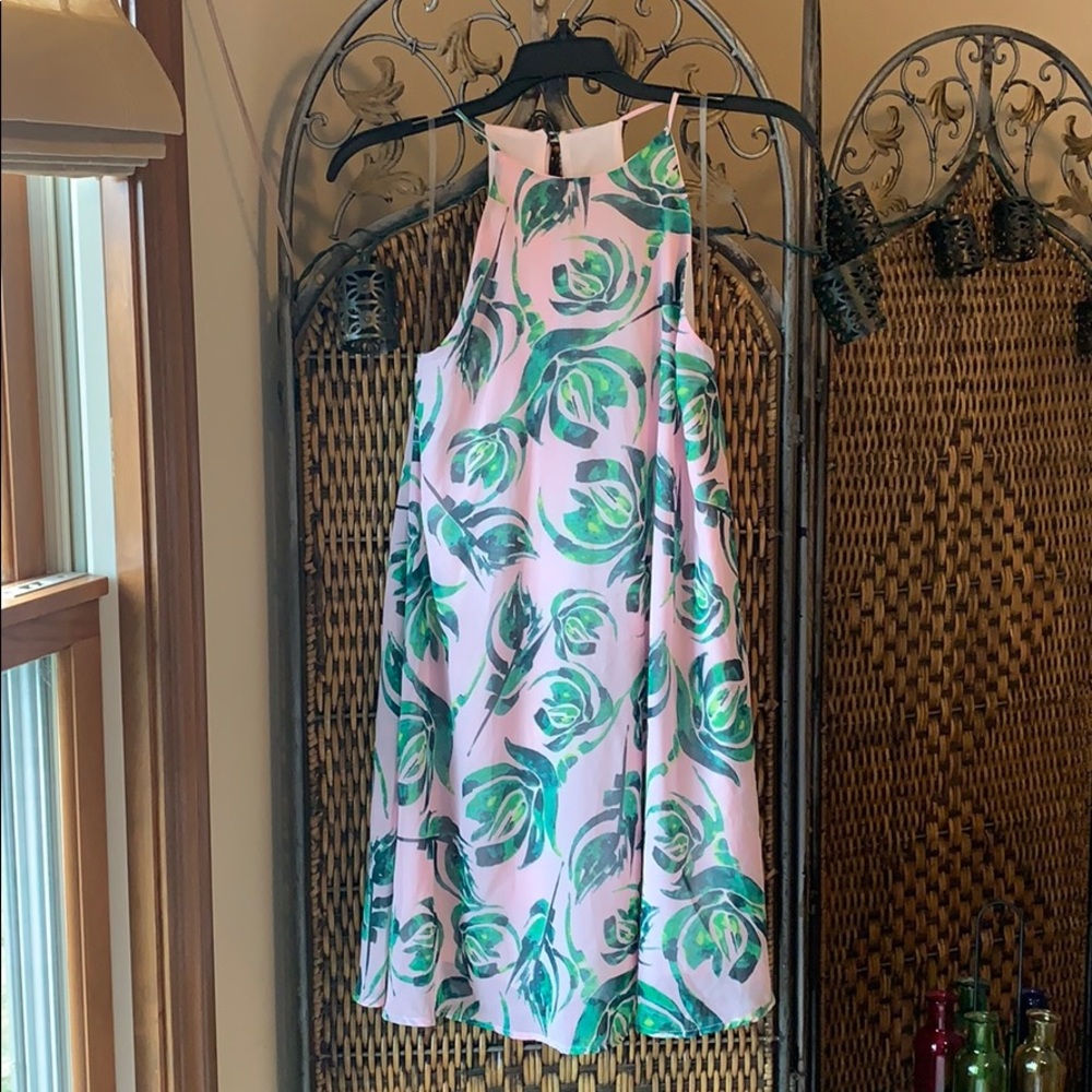Breezy pink summer dress with green print